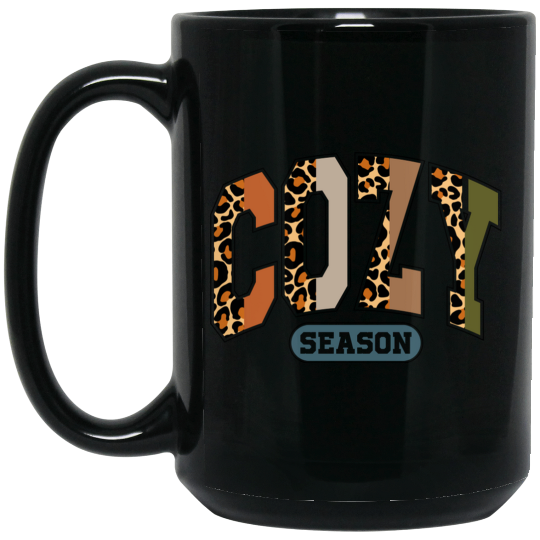 Cozy Season, Leopard Cozy, Leopard Cozy Season Black Mug