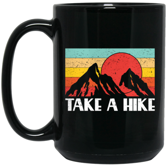 Sunset Two Mountain, Take A Hike Retro, Vintage Climbing, Vintage Style Black Mug