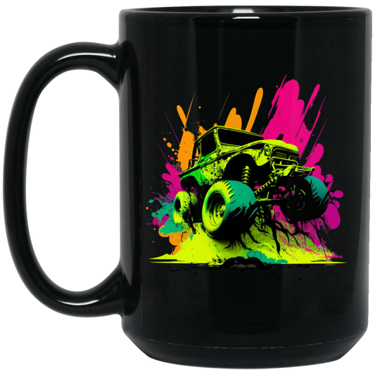 Car Lover Gift, Car In Neon Style, Love Neon Car, Cool Car On Road Black Mug