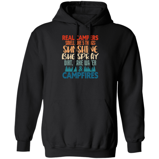 Campers Gift, Real Campers, Smell Like 5 Things, Retro Camping Quote Pullover Hoodie