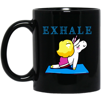 Exhale Unicorn Yoga, Please Exhale, Funny Yoga, Cute Unicorn Do Yoga Black Mug