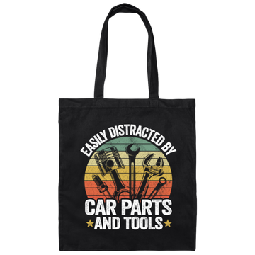 Retro Car Parts, Easily Distracted By Car Parts And Tools, Funny Tool Lover Canvas Tote Bag