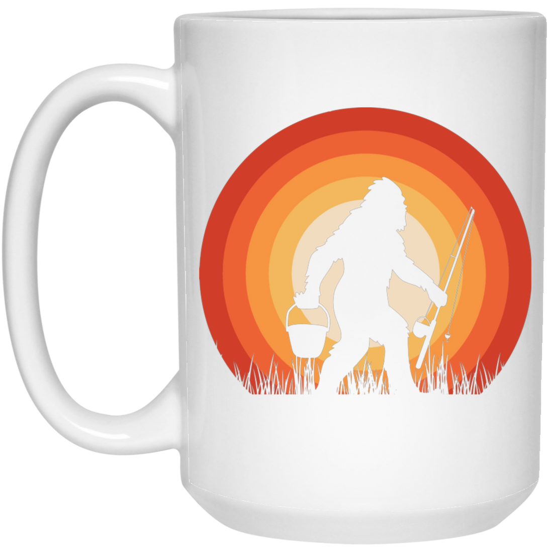 Big Foot Silhouette, Retro Big Foot, Big Foot Fishing White Mug