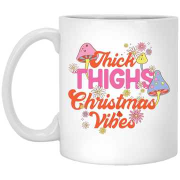 Thick Thighs Christmas Vibes, Groovy Christmas, Mushroom Lover White Mug