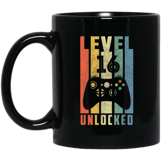 Level 16 Unlocked, 16th Video Gamer, 16th Birthday Gift, Retro 16th Gift Black Mug