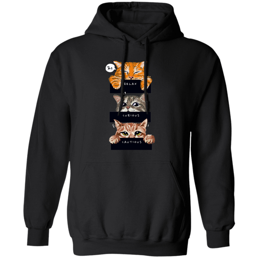 Relax Cat, Curious Cat, Cautions Cat, Three Cats Pullover Hoodie