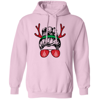 Messy Bun Girl, Girl With Deer Horn, Christmas Tree In Glasses, Merry Christmas, Trendy Chrismas Pullover Hoodie