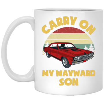 Carry On My Wayward Son, Red Car, Classic Car White Mug
