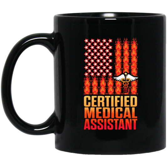 Medical Assistant Gift, CMA Certified Medical Assistant Fire Flag, US Flag Black Mug