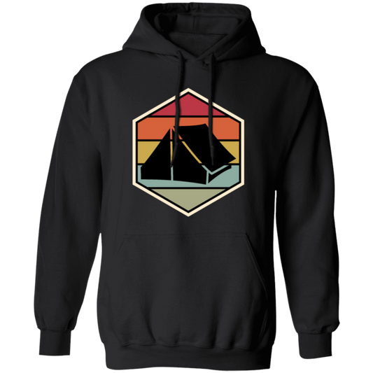 Tent Vintage, Retro Hexagon, Camping Motif With Tent Silhouette, Camp With Family Pullover Hoodie