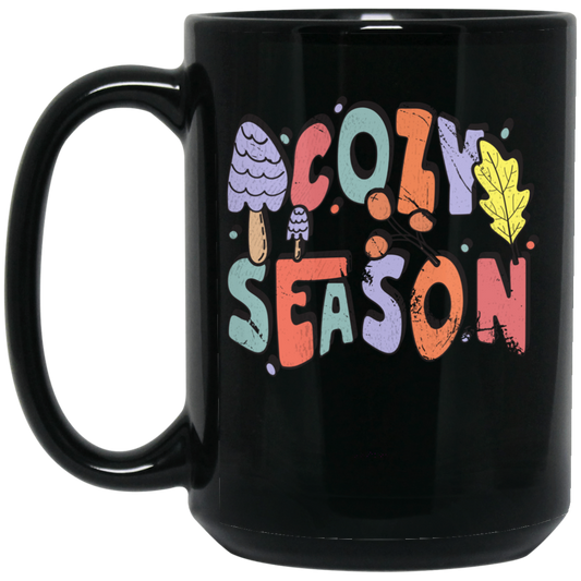 Cozy Season, Fall, Autumn, Groovy Fall Season Black Mug