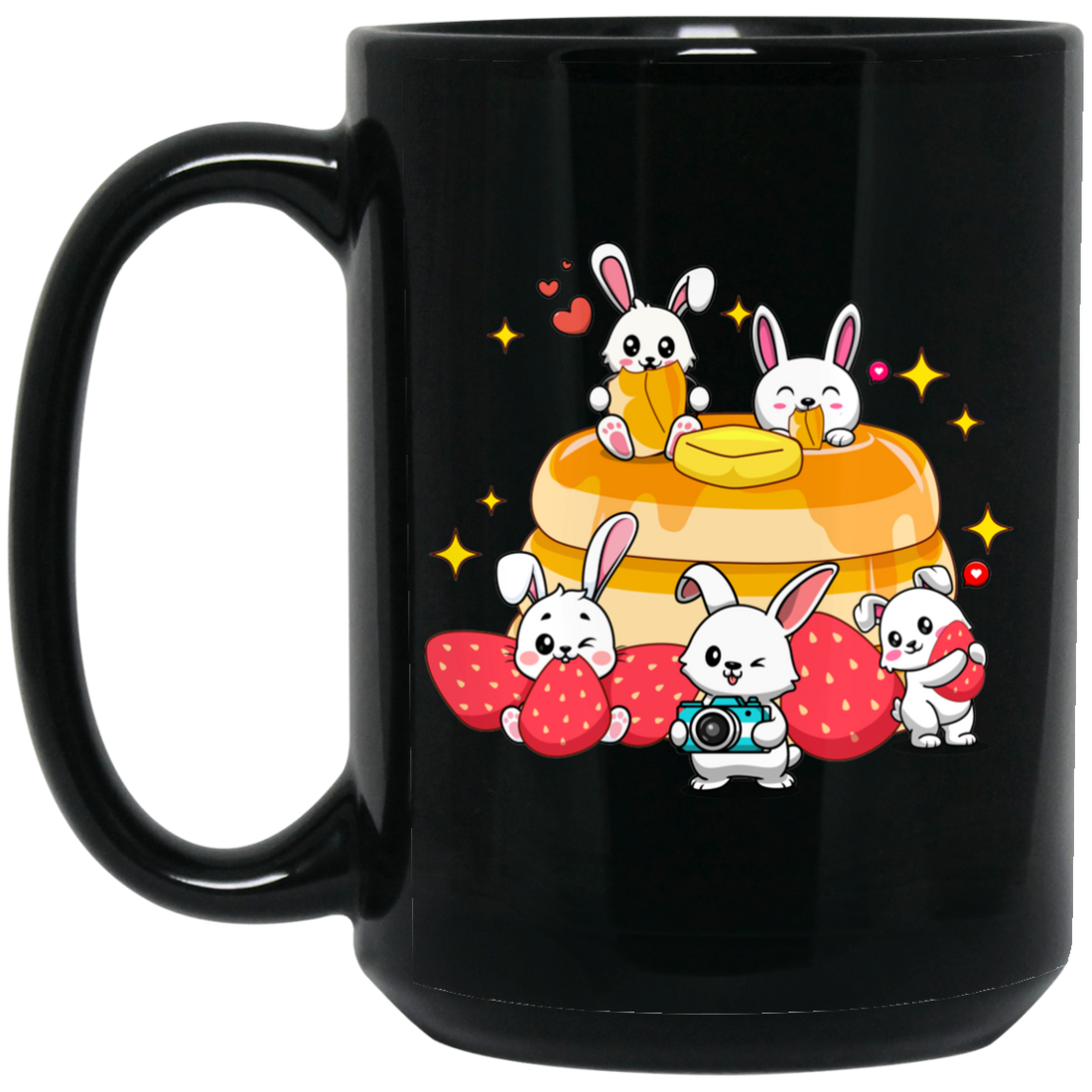 Bunnies With Pancake, Strawberries And Pancake Black Mug
