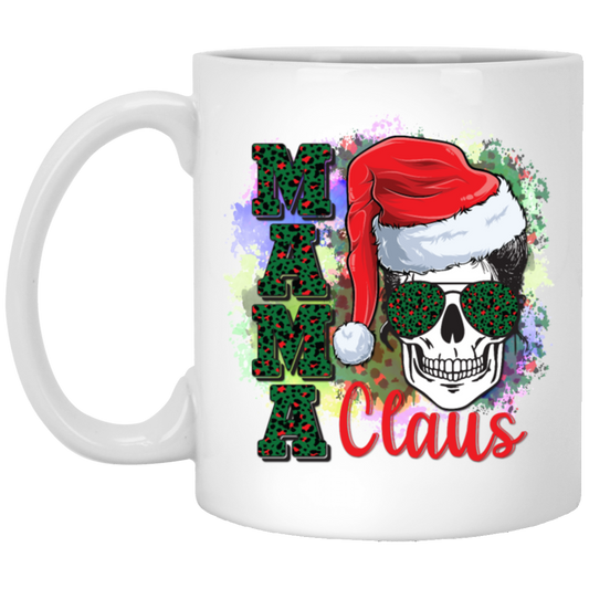 Mama Claus Santa Lady Skull, Skull Lovers, Santa Hat, Leopard Print, Merry Christmas Holiday Womens White Mug