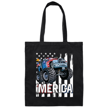 America Lover, Monster Truck USA Flag, Patriotic Boy Lover Canvas Tote Bag