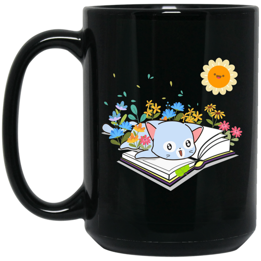 Cute Cat In Spring, Cat With Book Under The Sun Black Mug