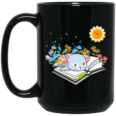 Cute Cat In Spring, Cat With Book Under The Sun Black Mug