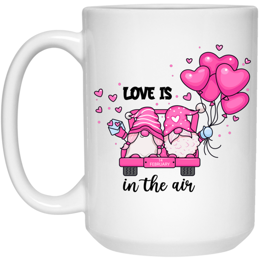 Love Is In The Air, Lovely Gnome, Couple Gnome, Pink Balloons, Valentine's Day, Trendy Valentine White Mug