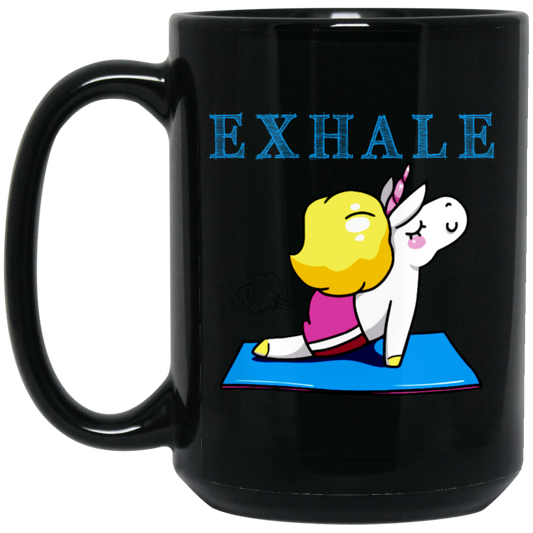 Exhale Unicorn Yoga, Please Exhale, Funny Yoga, Cute Unicorn Do Yoga Black Mug