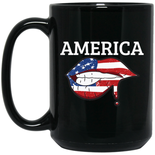 America Flag, USA Flag Lip, Sexy America, July 4th Gift, Best American Black Mug