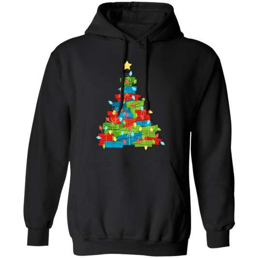 Christmas Tree Made From Gift Box, Xmas Light Line, Merry Christmas, Trendy Christmas Pullover Hoodie