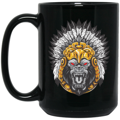 Gorilla Wearing Aztec Headdress, Scare Of Giant Gorilla, Aztec Headdress Black Mug