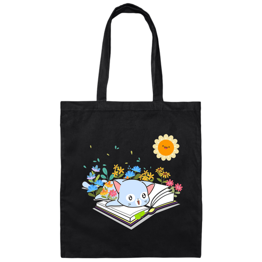 Cute Cat In Spring, Cat With Book Under The Sun Canvas Tote Bag