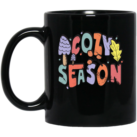 Cozy Season, Fall, Autumn, Groovy Fall Season Black Mug