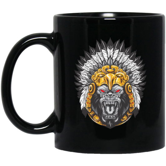 Gorilla Wearing Aztec Headdress, Scare Of Giant Gorilla, Aztec Headdress Black Mug