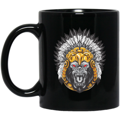 Gorilla Wearing Aztec Headdress, Scare Of Giant Gorilla, Aztec Headdress Black Mug