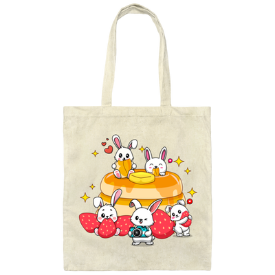 Bunnies With Pancake, Strawberries And Pancake Canvas Tote Bag