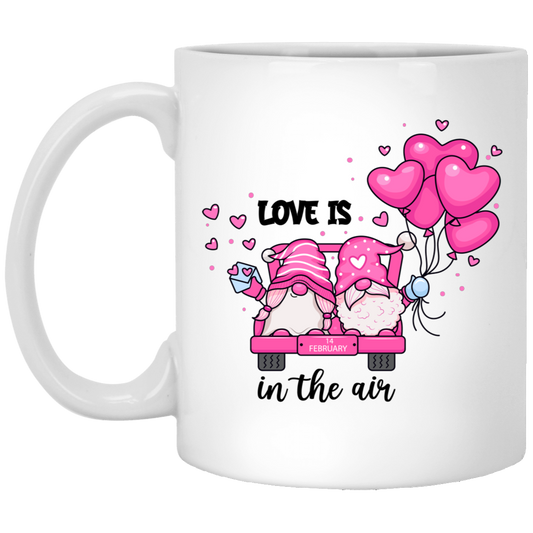 Love Is In The Air, Lovely Gnome, Couple Gnome, Pink Balloons, Valentine's Day, Trendy Valentine White Mug