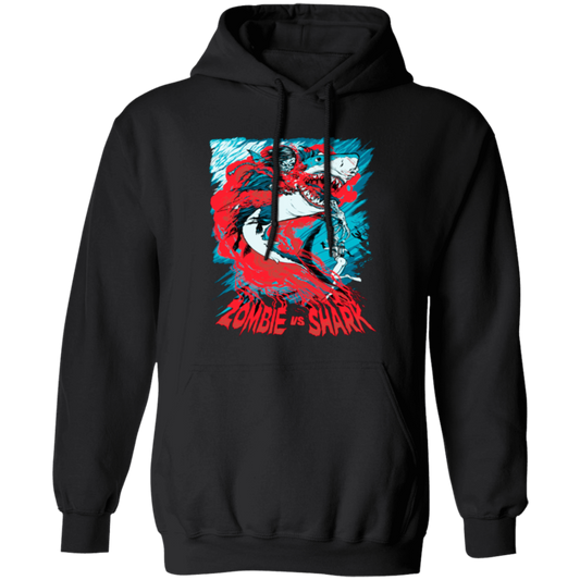 Fight Shark Vs Zombie, Zombie Fight Shark, Horror Gift, Scare Zombie Pullover Hoodie