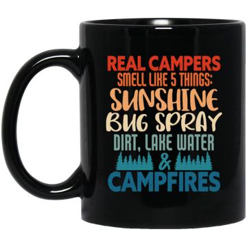 Campers Gift, Real Campers, Smell Like 5 Things, Retro Camping Quote Black Mug