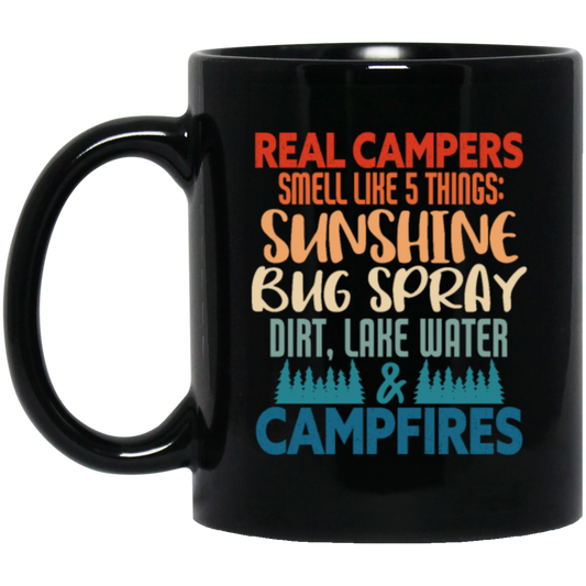 Campers Gift, Real Campers, Smell Like 5 Things, Retro Camping Quote Black Mug