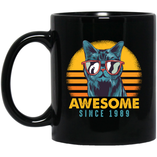 1989 Birthday Gift, Cat Lover Gift, Awesome Since 1989, Retro Cat Gift Black Mug