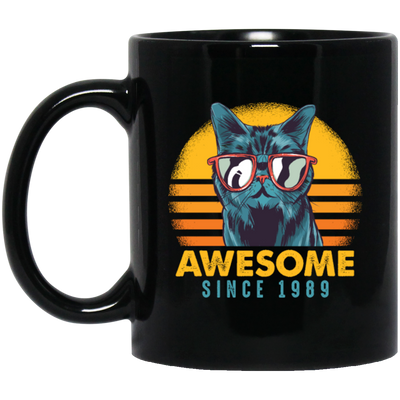 1989 Birthday Gift, Cat Lover Gift, Awesome Since 1989, Retro Cat Gift Black Mug