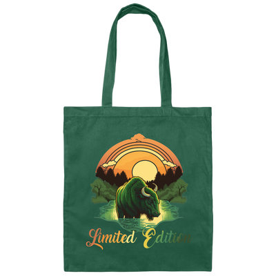 Green Bison With A River, Sunset And Treeline, Love Cow, Cow In Sunset Canvas Tote Bag