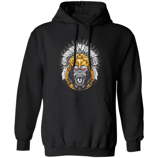 Gorilla Wearing Aztec Headdress, Scare Of Giant Gorilla, Aztec Headdress Pullover Hoodie