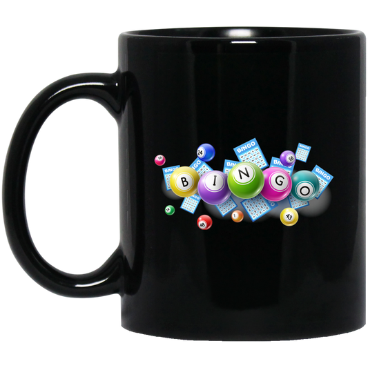 Bingo Balls And Bingo Tickets, Lottery Ticket, Win Bingo Black Mug