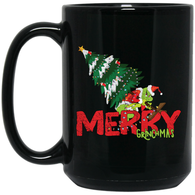 Merry Grinchmas, Merry Christmas, Grinch With Xmas Tree Black Mug