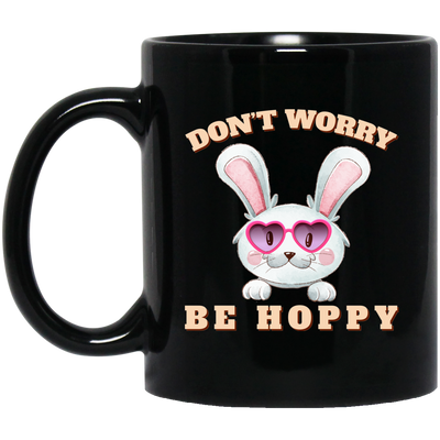 Don't Worry, Be Hoppy, Rabbit Wear Heart Glasses Black Mug