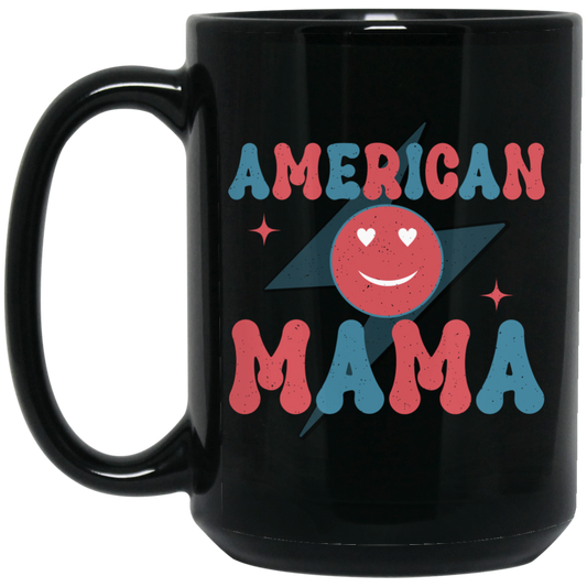 Mama American, Groovy Mama, Retro Mama, Smile Icon Black Mug