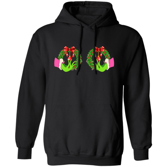 Funny Christmas, Grinch's Hands On The Boobs, Merry Titsmas, Merry Christmas, Trendy Chrismas Pullover Hoodie