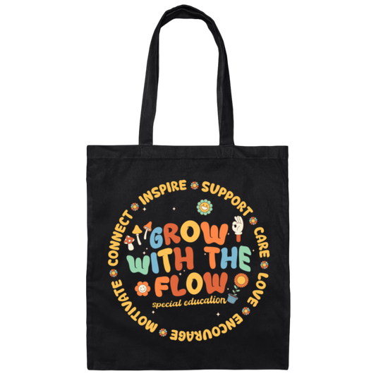 Grow With The Flow, Inspire, Support, Careful, Groovy Style Canvas Tote Bag