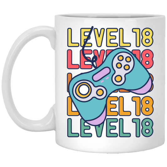 Gamer, Level 18 Up, 18th Birthday, Play Station, Game Player White Mug