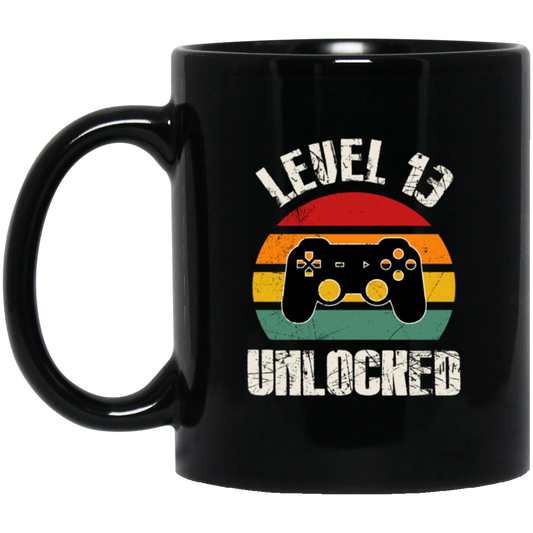 Level 13 Unlocked, Retro Birthday, 13rd Birthday, Gamer Birthday Black Mug