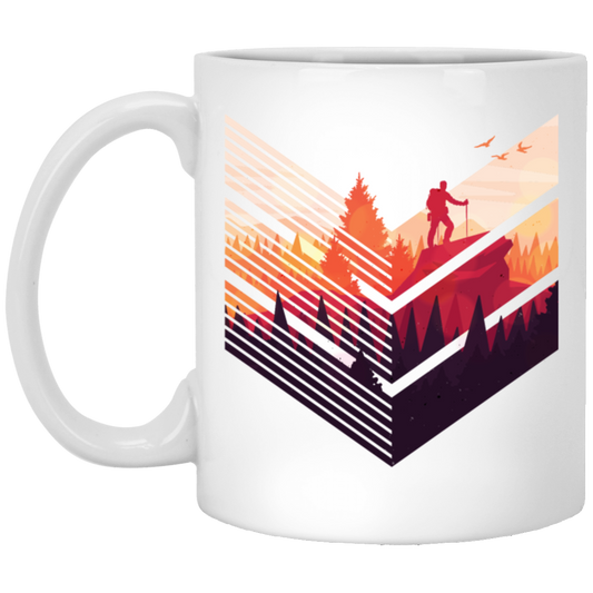 Super Cool, Colorful Hiker, Recognized A Mountain, Colorful Forest And Some Geometric White Mug