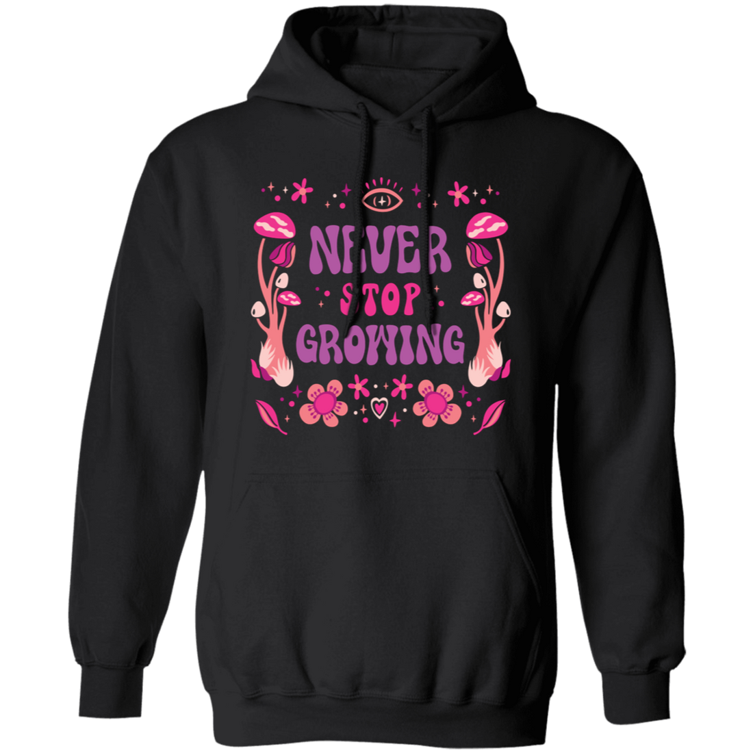 This Never Stop Growing, Mushroom Groovy, Groovy Growing Pullover Hoodie is a stylish and comfortable addition to your wardrobe. It is made of ultra-soft cotton and features a unique mushroom groovy print to add some fun to your look. This hoodie is designed to keep you warm and cozy on chilly days.