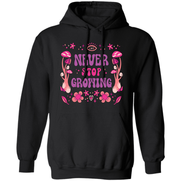 This Never Stop Growing, Mushroom Groovy, Groovy Growing Pullover Hoodie is a stylish and comfortable addition to your wardrobe. It is made of ultra-soft cotton and features a unique mushroom groovy print to add some fun to your look. This hoodie is designed to keep you warm and cozy on chilly days.