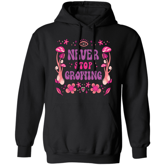 This Never Stop Growing, Mushroom Groovy, Groovy Growing Pullover Hoodie is a stylish and comfortable addition to your wardrobe. It is made of ultra-soft cotton and features a unique mushroom groovy print to add some fun to your look. This hoodie is designed to keep you warm and cozy on chilly days.